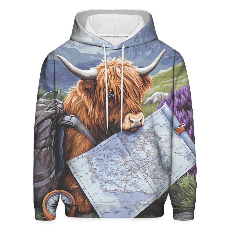Highland Cow Mountain Map Reader hoodie designs