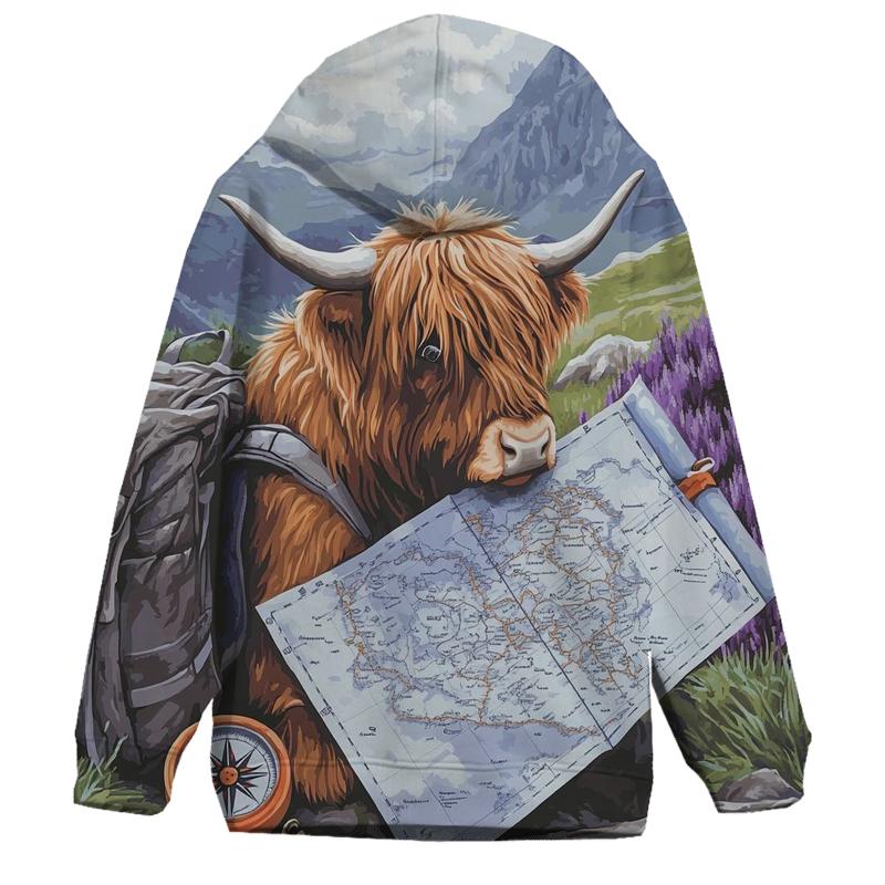 Highland Cow Mountain Map Reader hoodie designs