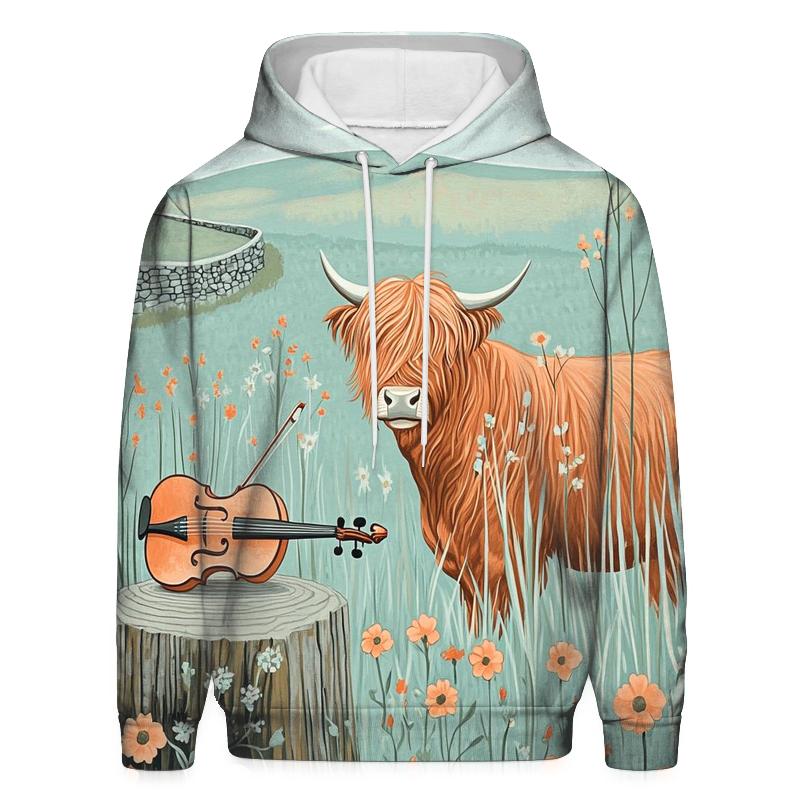 Highland Cow Meadow Violin Listener embroidered hoodies