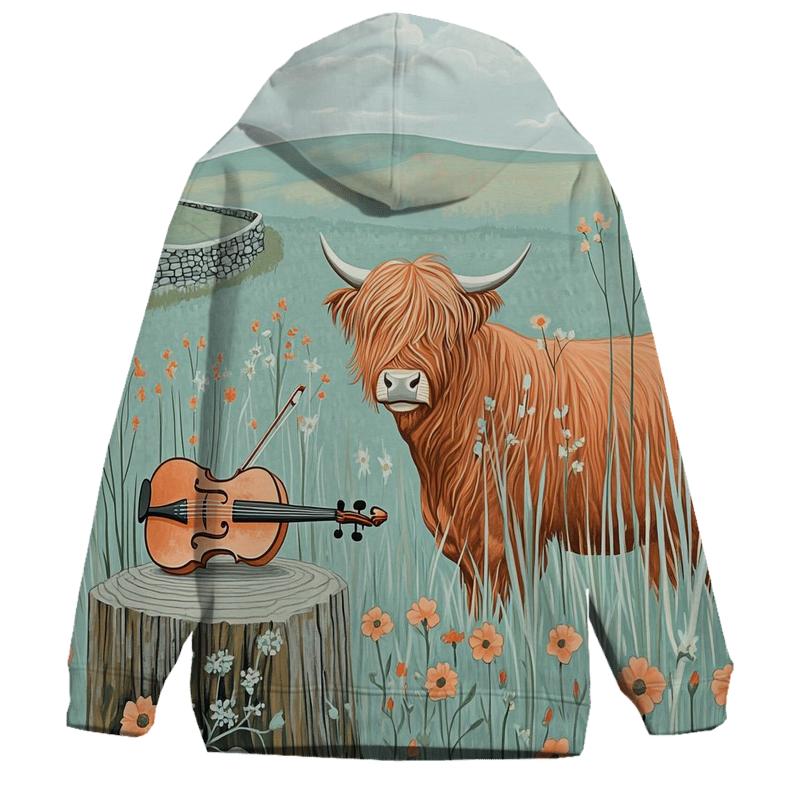 Highland Cow Meadow Violin Listener embroidered hoodies