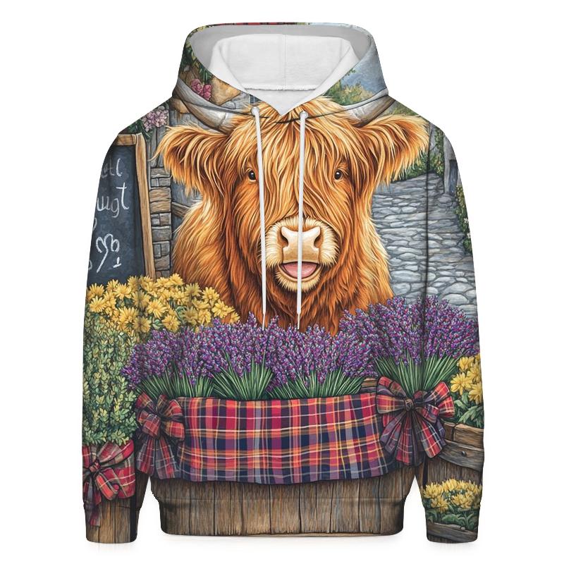 Highland Cow Market Flower Seller printed hoodies