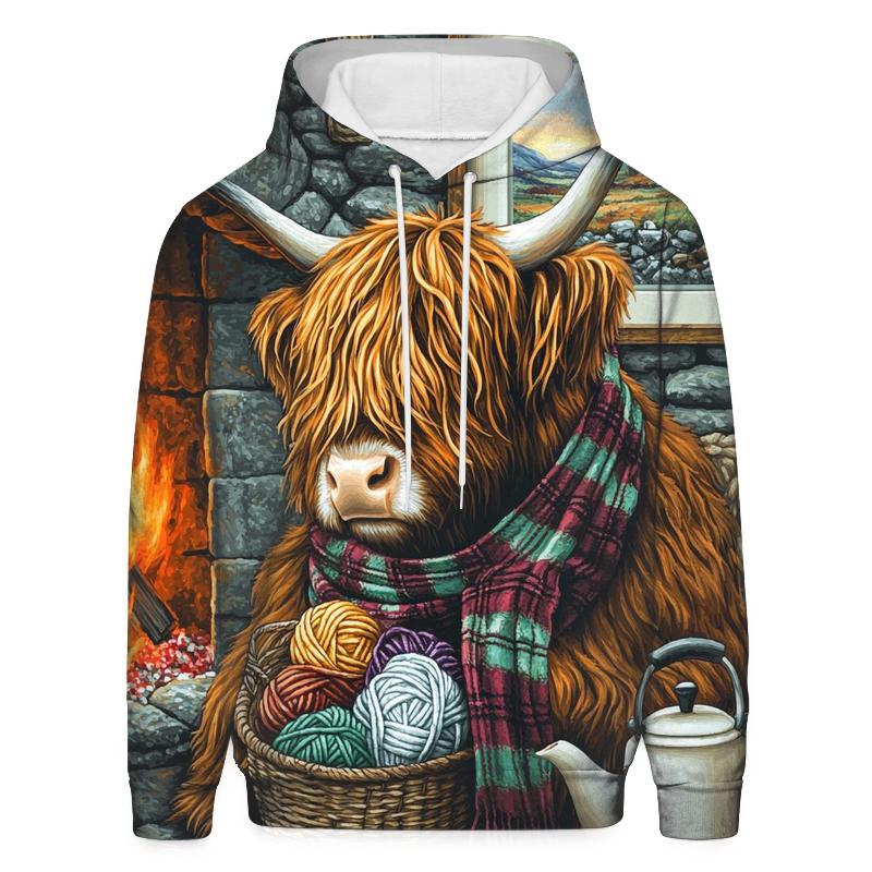 Highland Cow Hearthside Knitting Helper graphic hoodies