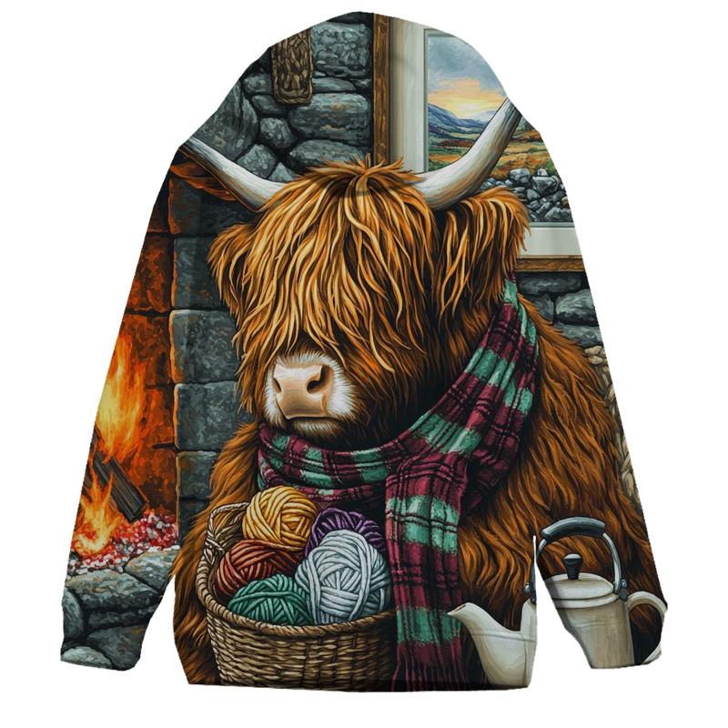 Highland Cow Hearthside Knitting Helper graphic hoodies
