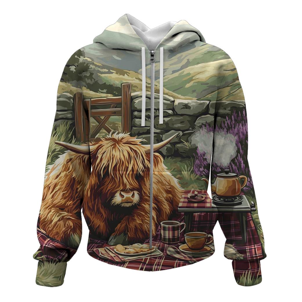 Tea Picnic With Highland Cow Companion graphic hoodies