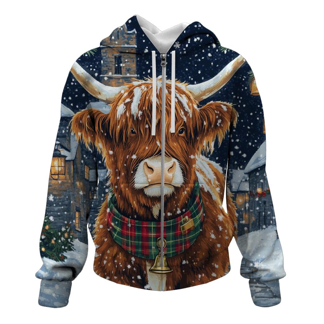 Highland Cow In Winter Tartan Parade hoodie designs