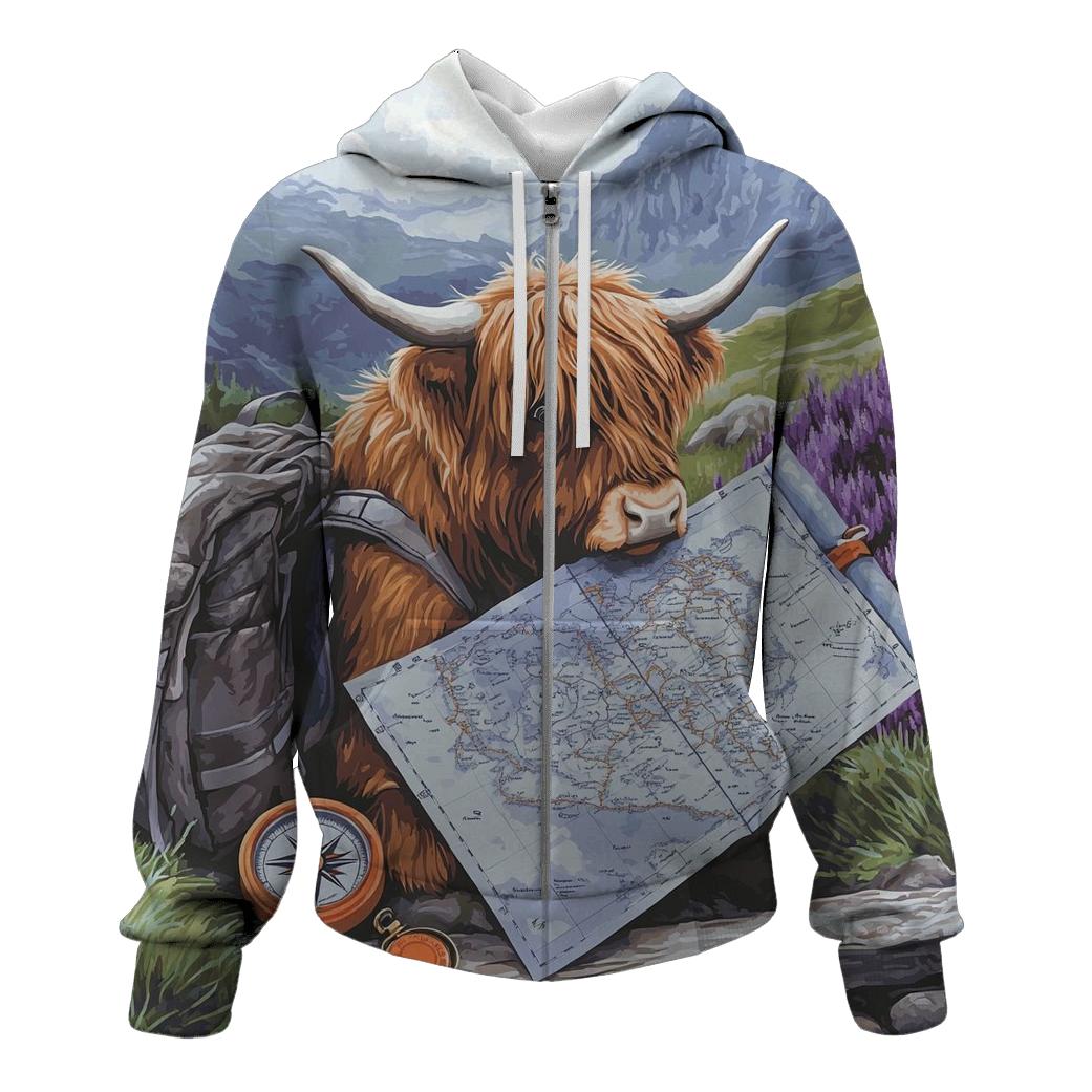 Highland Cow Mountain Map Reader graphic hoodies