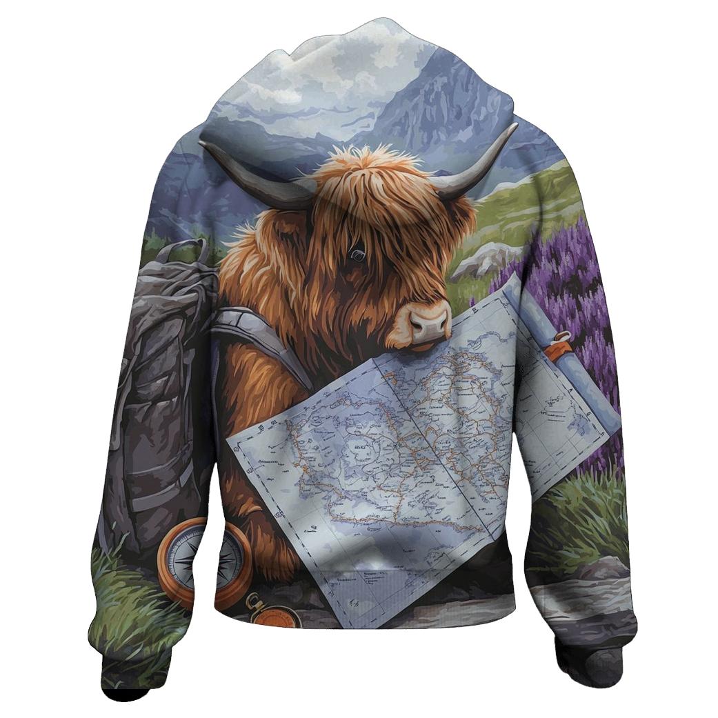 Highland Cow Mountain Map Reader graphic hoodies