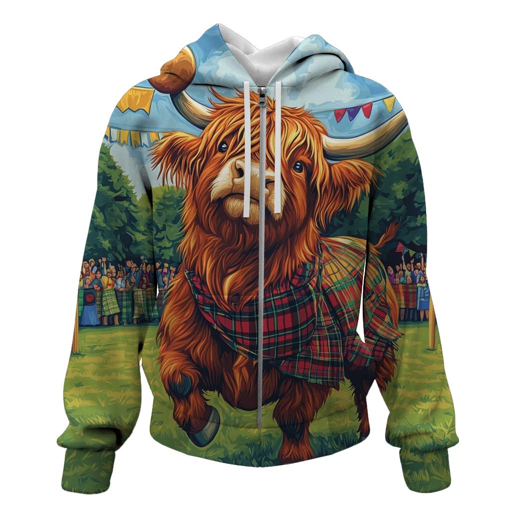 Highland Cow Highland Games Weight Toss zip-up hoodies