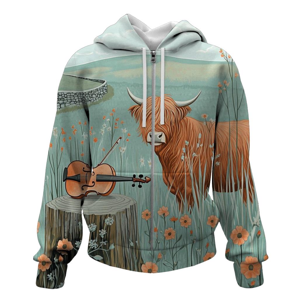 Highland Cow Meadow Violin Listener hoodie styles