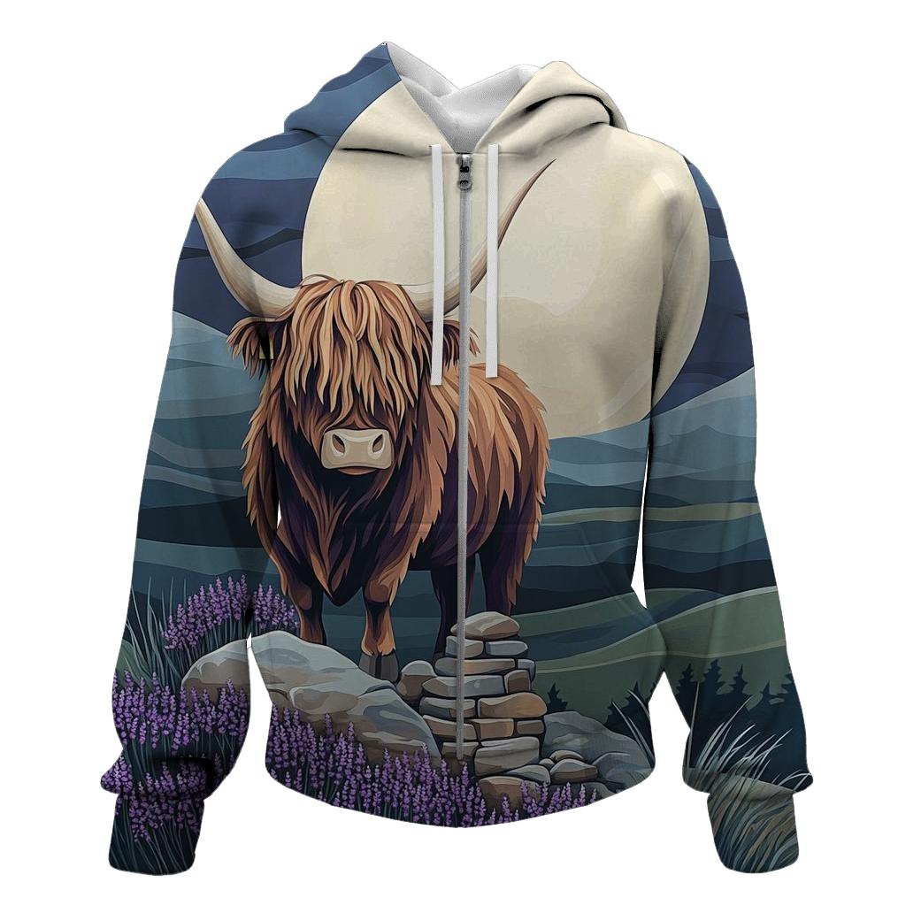 Highland Cow Moonlit Heather Silhouette graphic hoodies