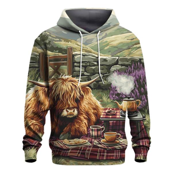 Tea Picnic With Highland Cow Companion heavyweight hoodies