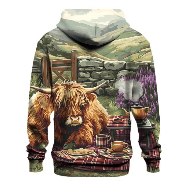 Tea Picnic With Highland Cow Companion heavyweight hoodies