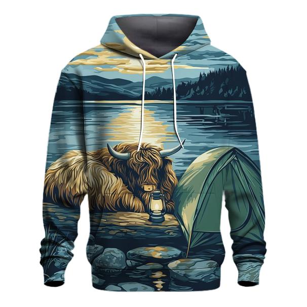 Highland Cow Lochside Lantern Camp designer hoodies
