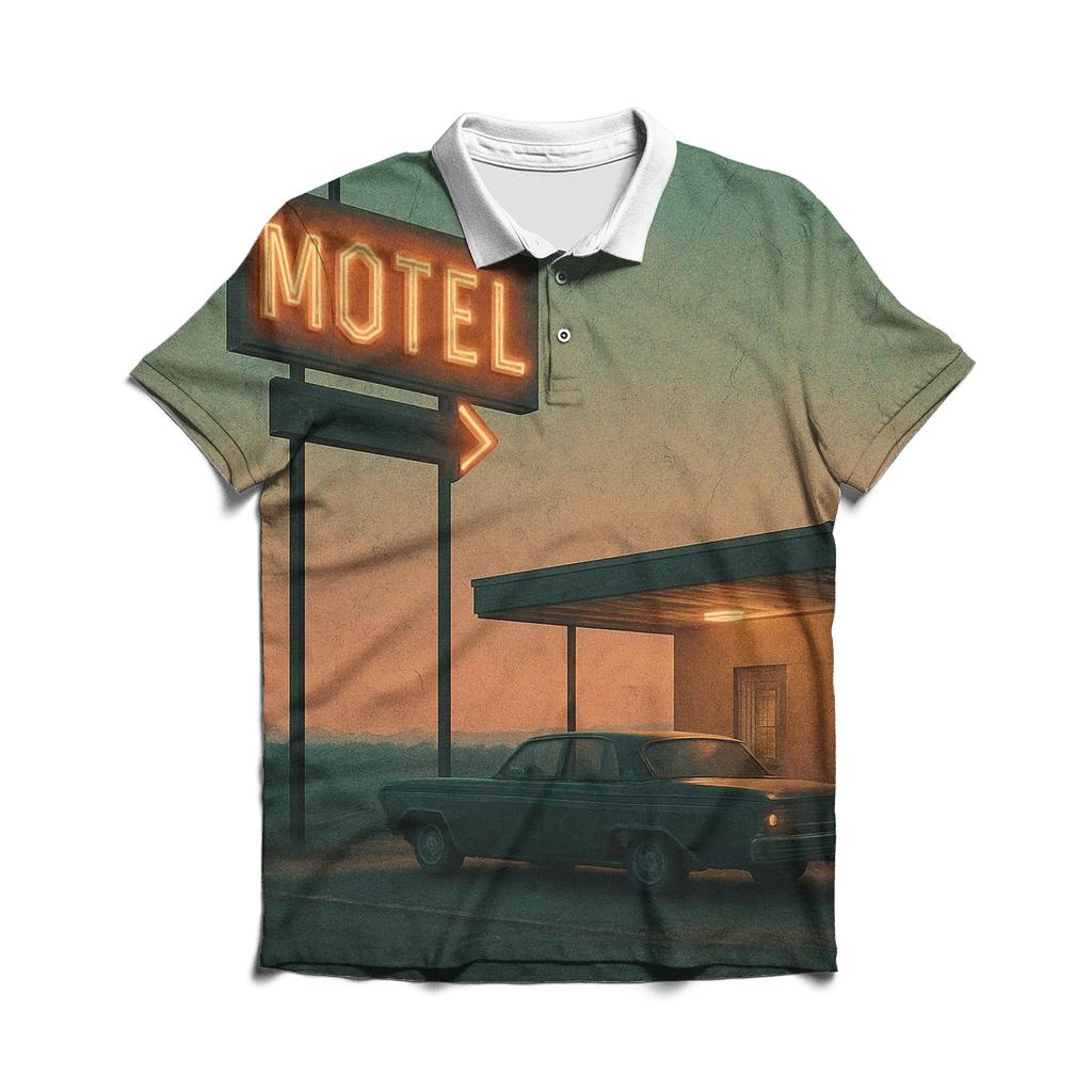 Weathered Night Drive Motel Postcard premium cotton polo shirts