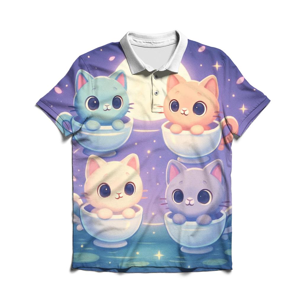 Moonlit Teacup Kitten Carousel embroidered polo tops