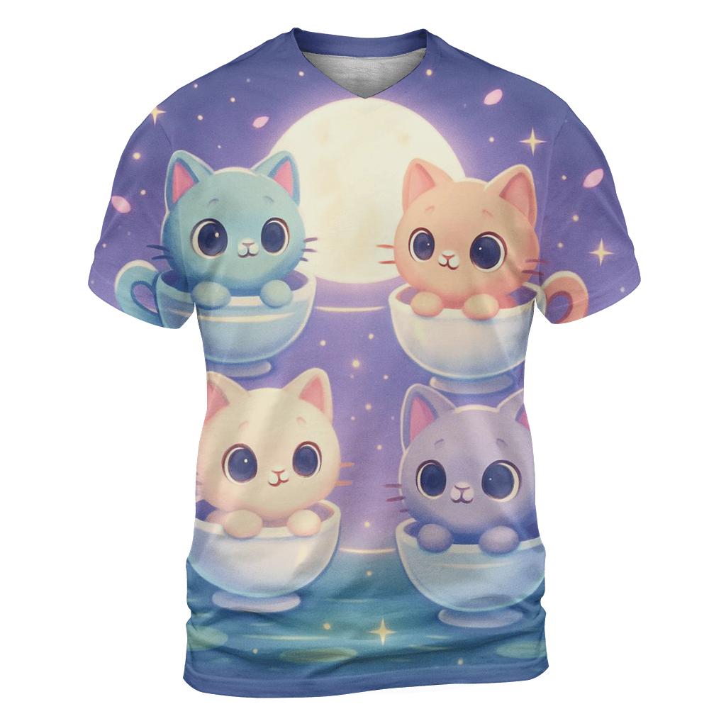 Moonlit Teacup Kitten Carousel artistic all-over print tops