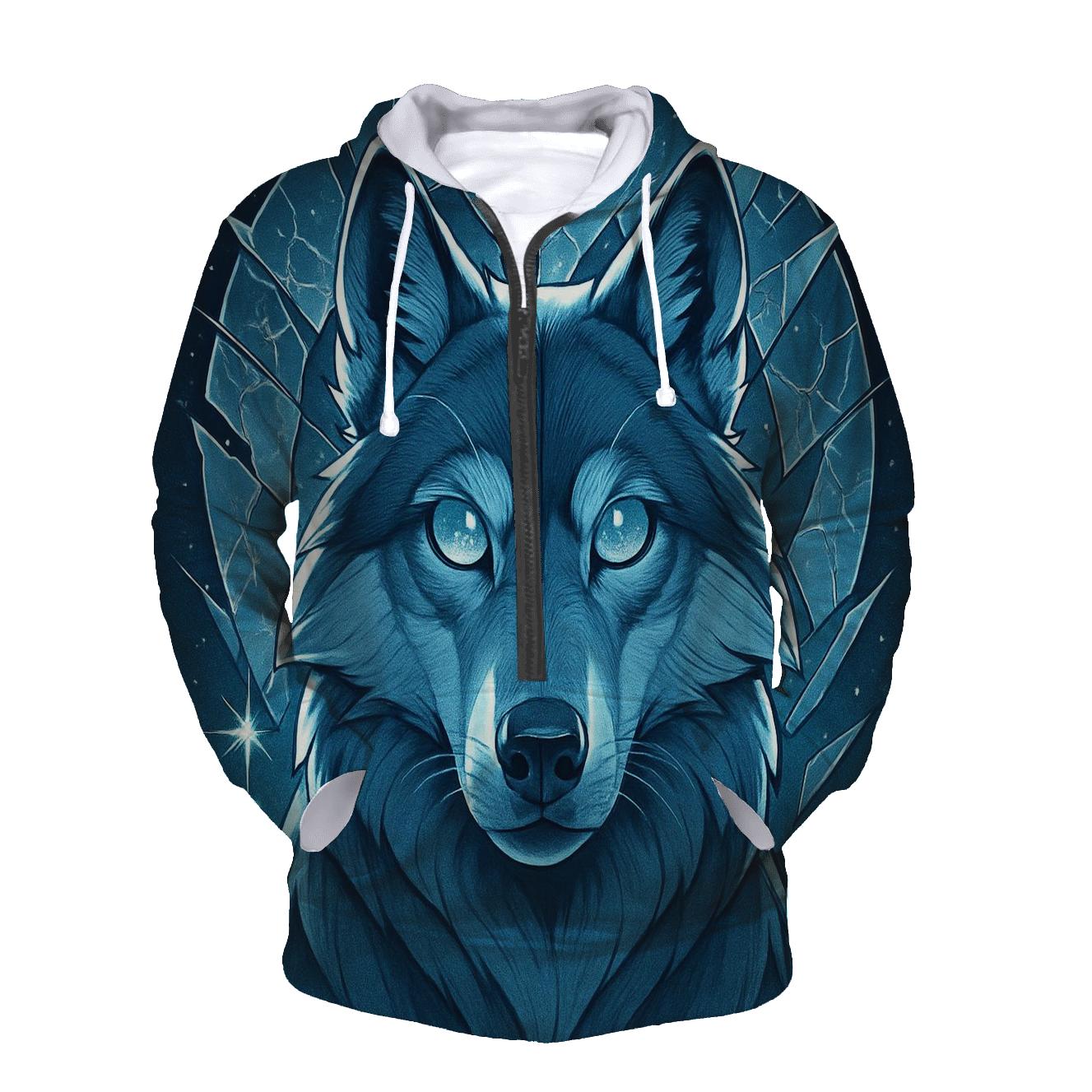 The Lunar Glass Sentinel Wolf designer hoodies
