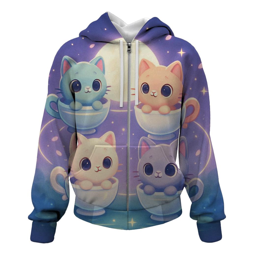 Moonlit Teacup Kitten Carousel zip-up hoodies
