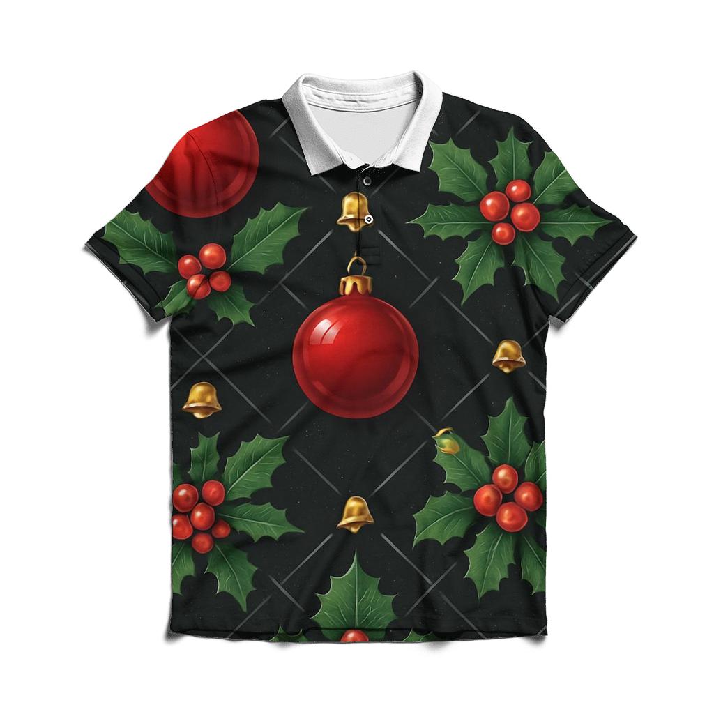 Crimson Holly And Ornament Lattice On Black Background designer slim fit polos