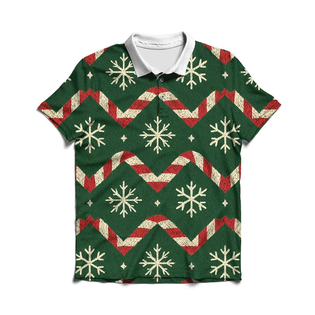Ivory Snowflake And Candy Cane Chevron On Pine Green Background stylish collar polo tees