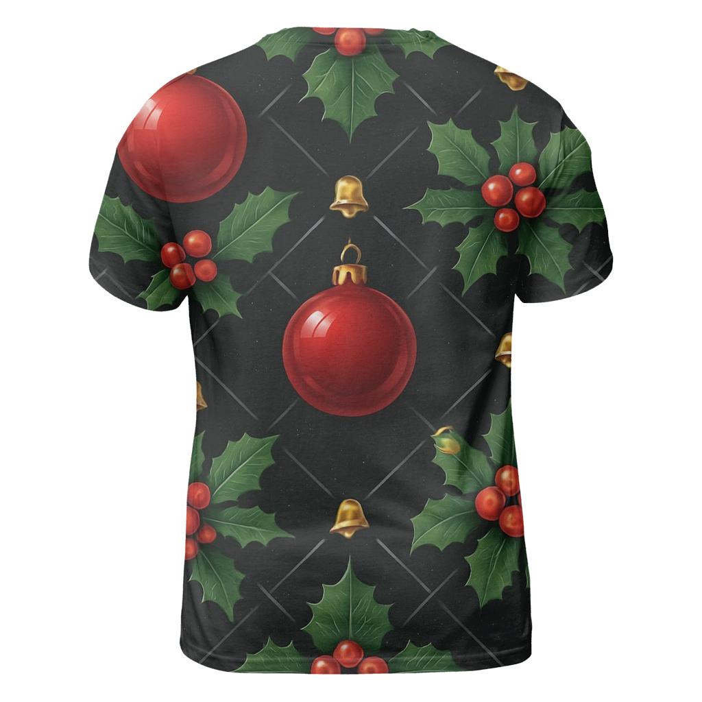Crimson Holly And Ornament Lattice On Black Background designer pattern shirts
