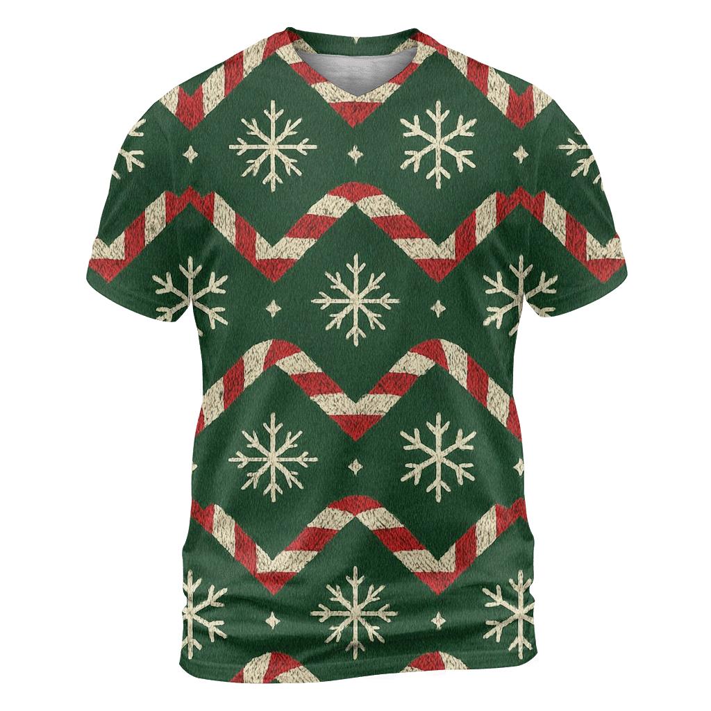 Ivory Snowflake And Candy Cane Chevron On Pine Green Background creative print fashion shirts
