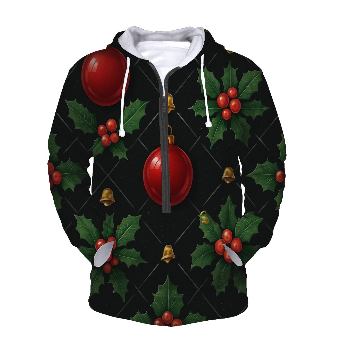 Crimson Holly And Ornament Lattice On Black Background designer hoodies