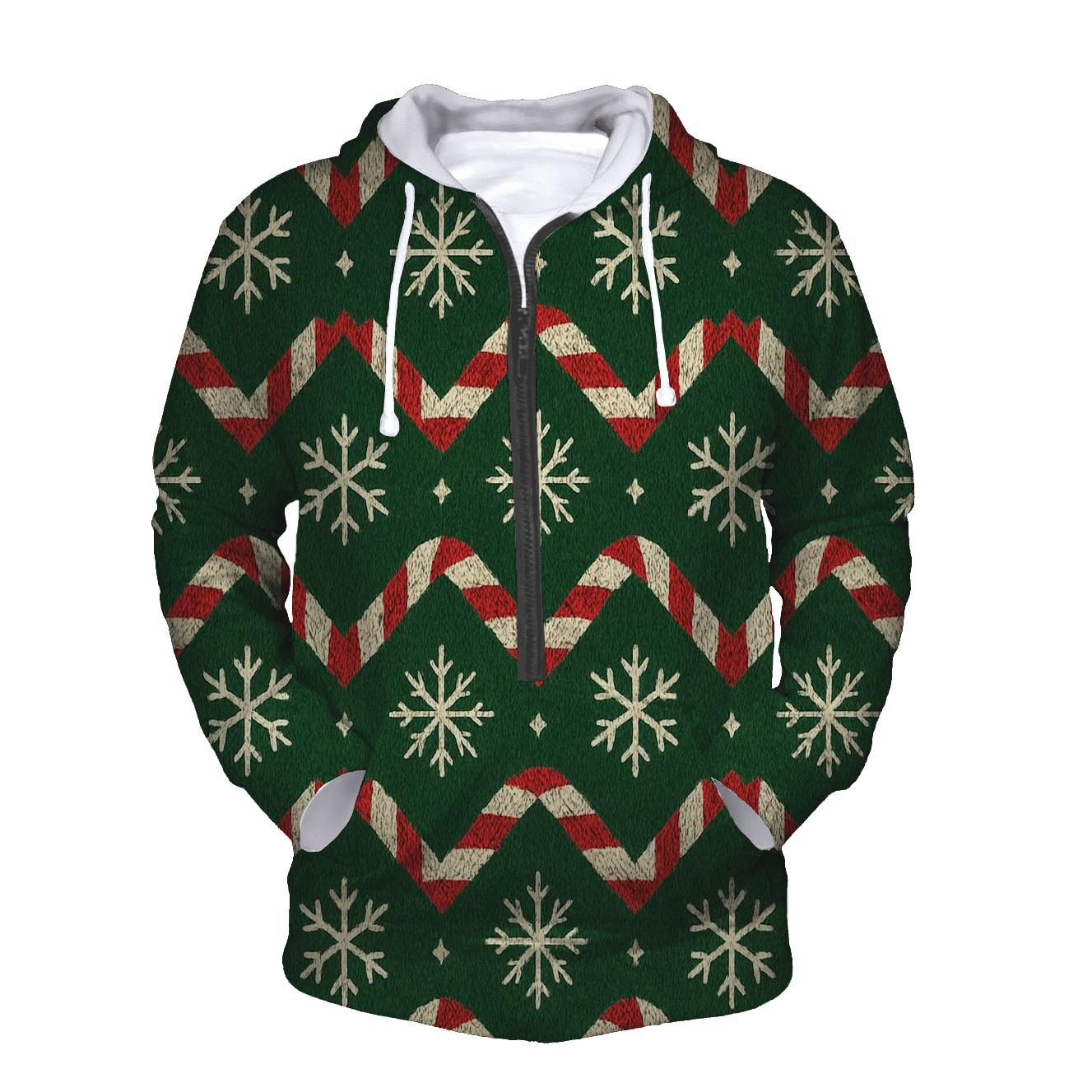 Ivory Snowflake And Candy Cane Chevron On Pine Green Background designer hoodies