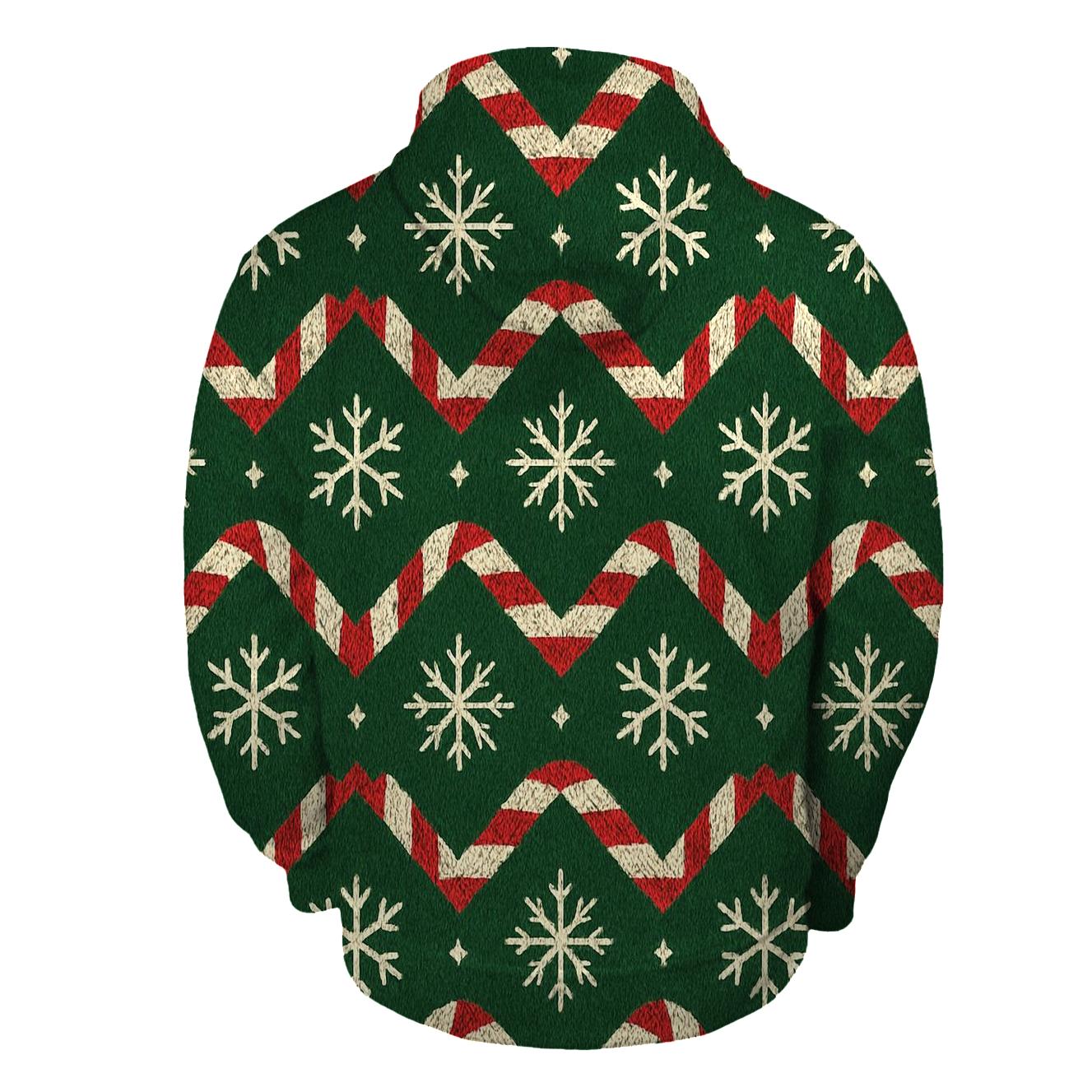 Ivory Snowflake And Candy Cane Chevron On Pine Green Background designer hoodies