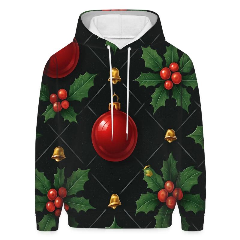 Crimson Holly And Ornament Lattice On Black Background hoodies fashion