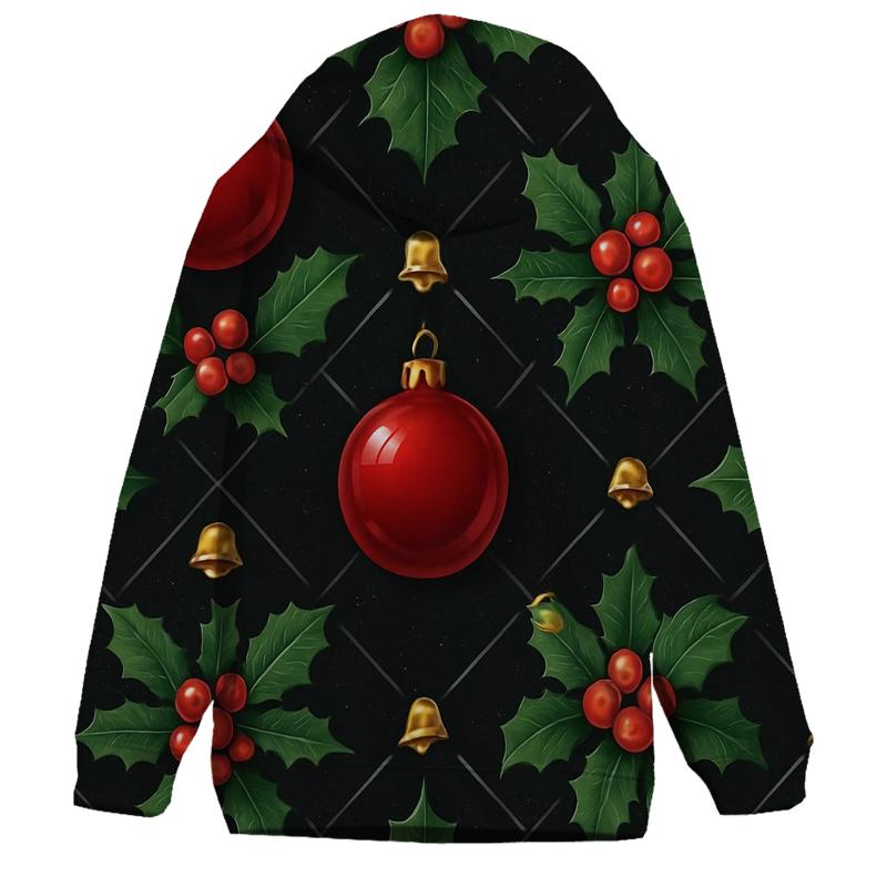Crimson Holly And Ornament Lattice On Black Background hoodies fashion