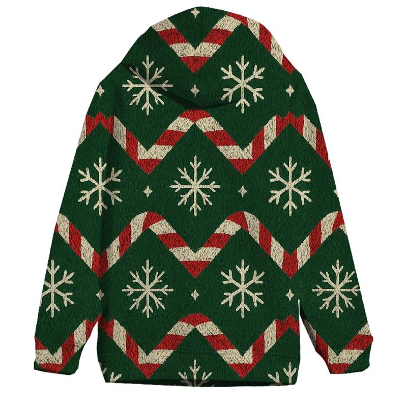 Ivory Snowflake And Candy Cane Chevron On Pine Green Background zip-up hoodies
