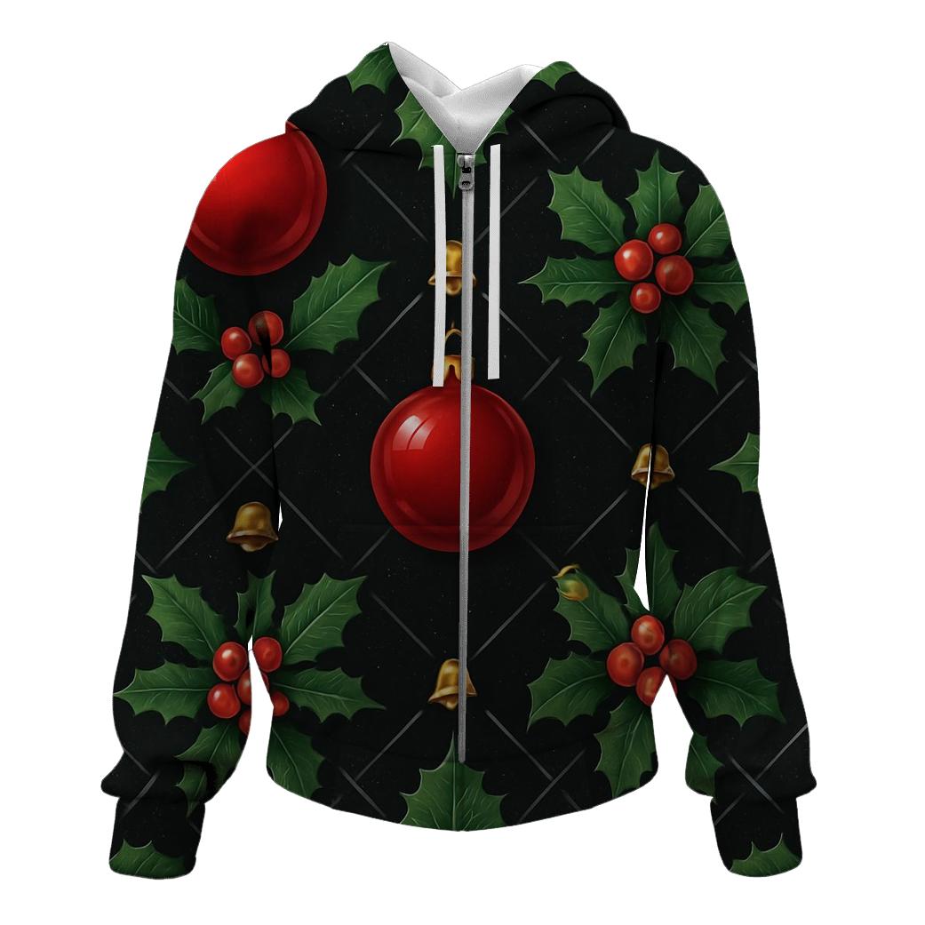 Crimson Holly And Ornament Lattice On Black Background hoodie styles