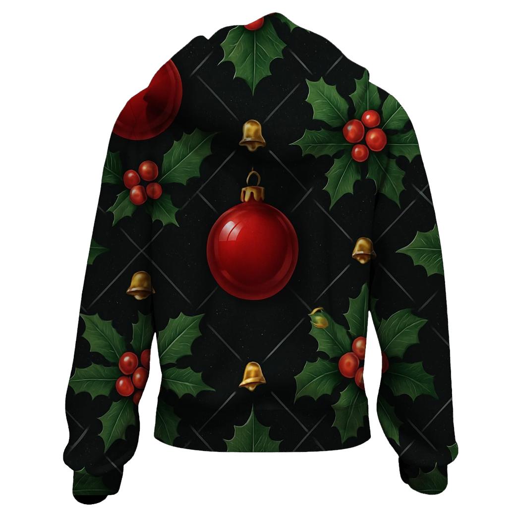 Crimson Holly And Ornament Lattice On Black Background hoodie styles