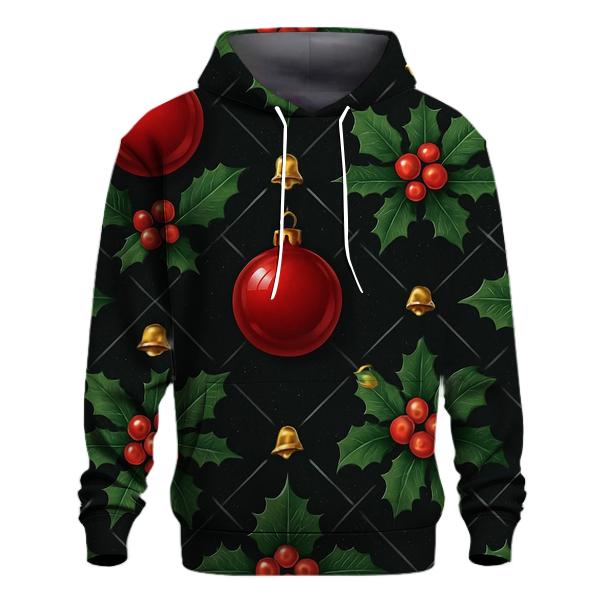 Crimson Holly And Ornament Lattice On Black Background graphic hoodies