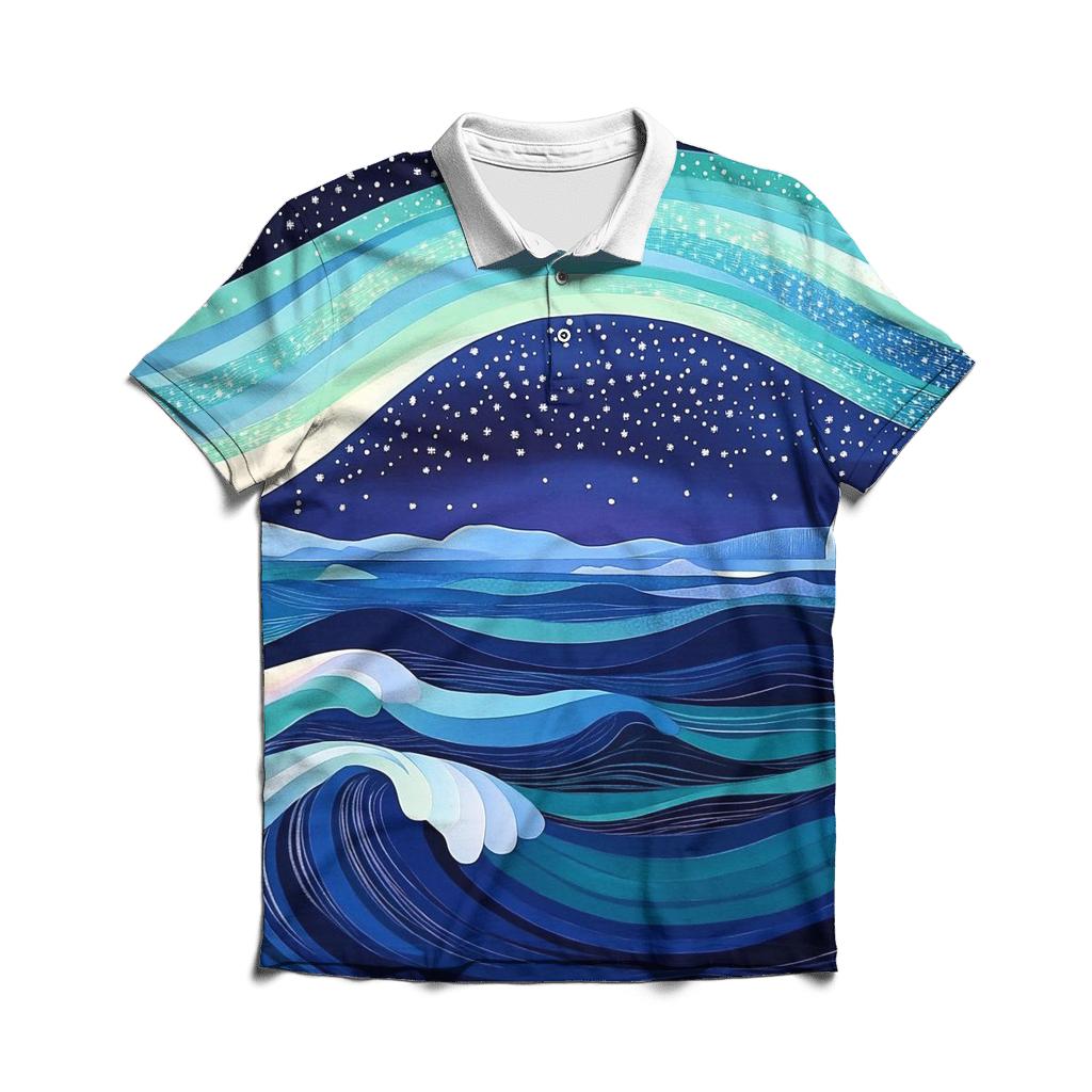 Hokusai Inspired Aurora Over Arctic Ocean designer slim fit polos