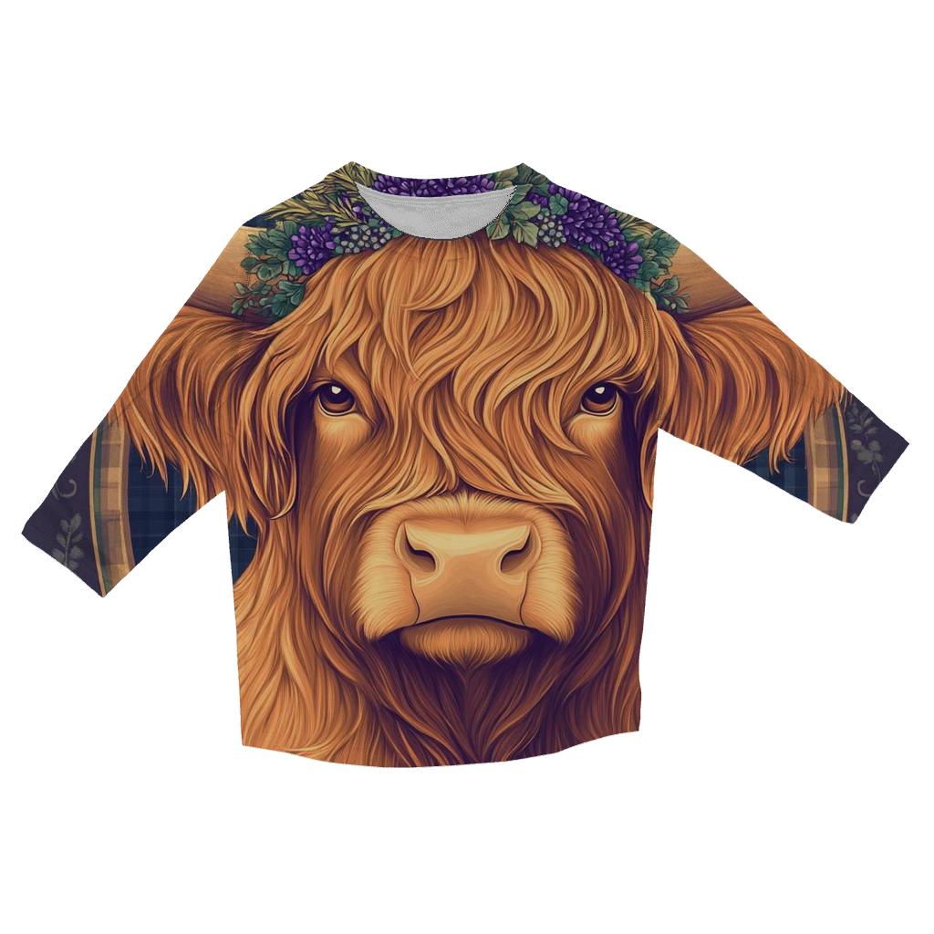 Thistle Crowned Highland Cow Portrait printed three quarter sleeve shirts