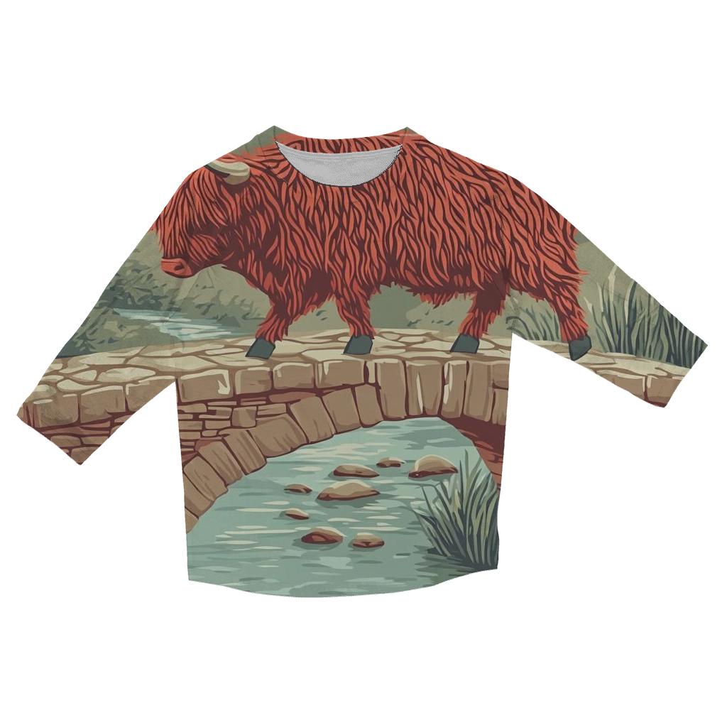 Stone Bridge Crossing Highland Cow printed three quarter sleeve shirts