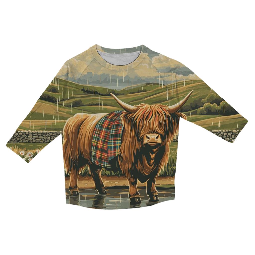 Highland Cow Under Rainbow Drizzle custom 3/4 sleeve shirts