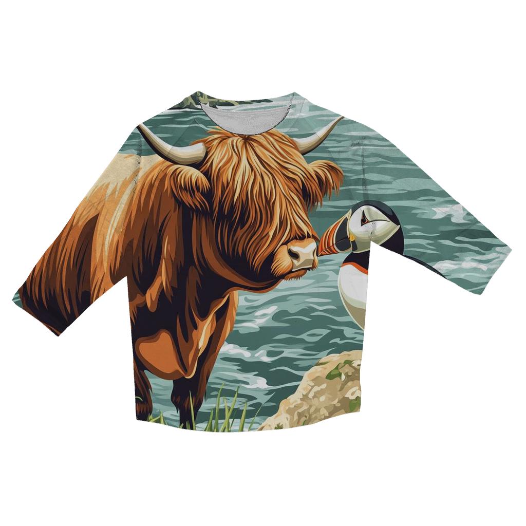 Highland Cow And Puffin Clifftop Hello printed three quarter sleeve shirts