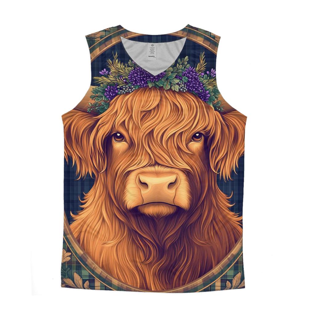 Thistle Crowned Highland Cow Portrait graphic print tank tops