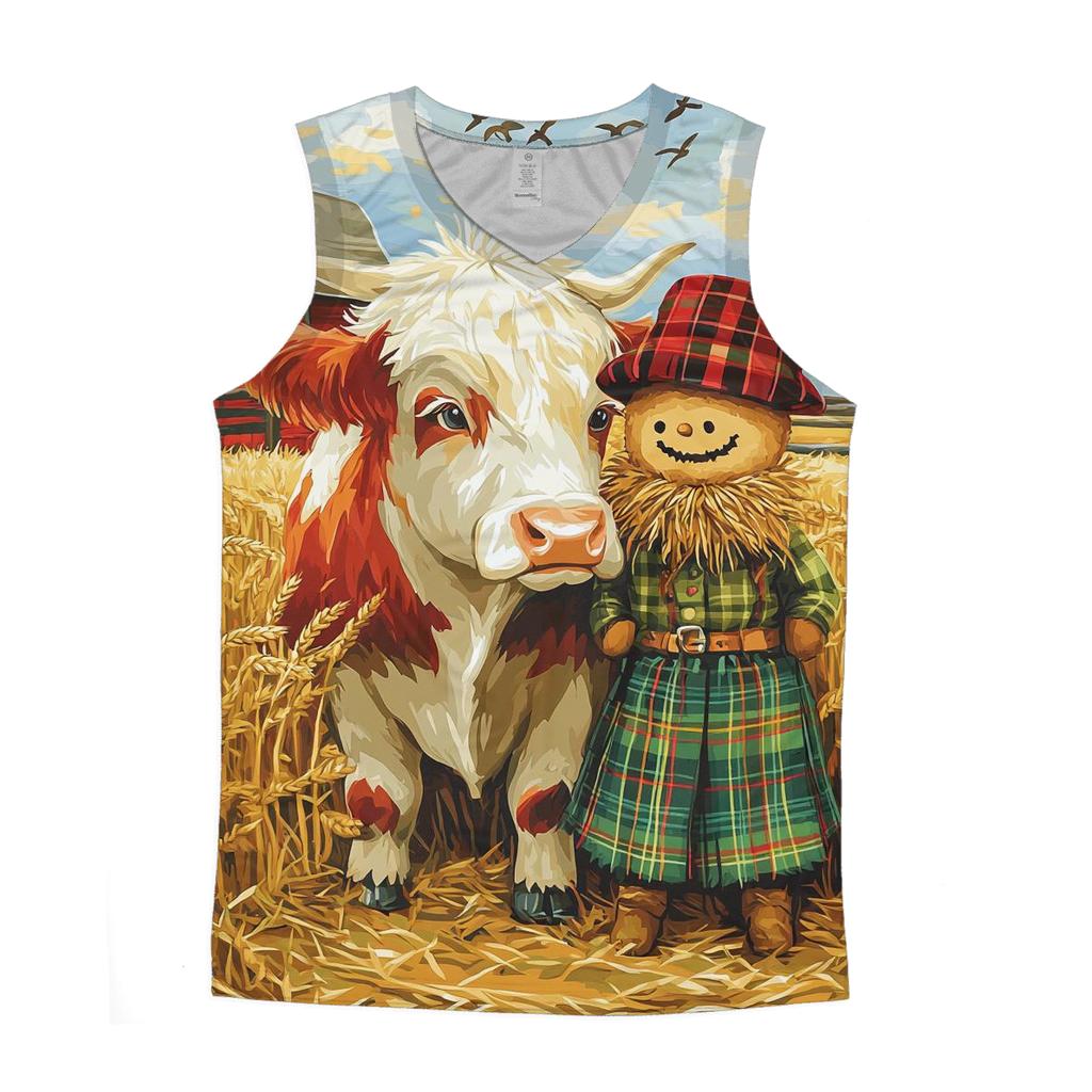 Highland Cow And Kilted Scarecrow Field designer workout tanks