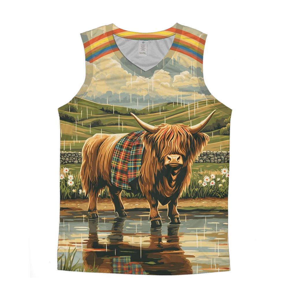 Highland Cow Under Rainbow Drizzle sports performance tank tops