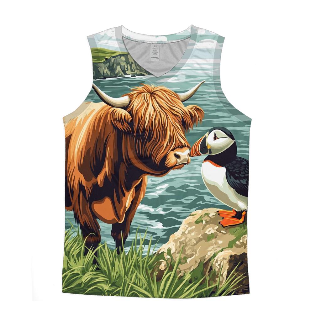 Highland Cow And Puffin Clifftop Hello trendy fitted tank tops