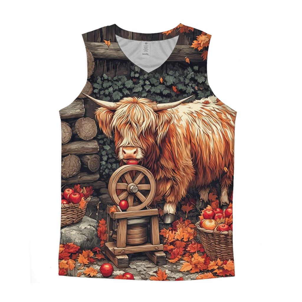 Highland Cow Cider Press Autumn Yard graphic print tank tops