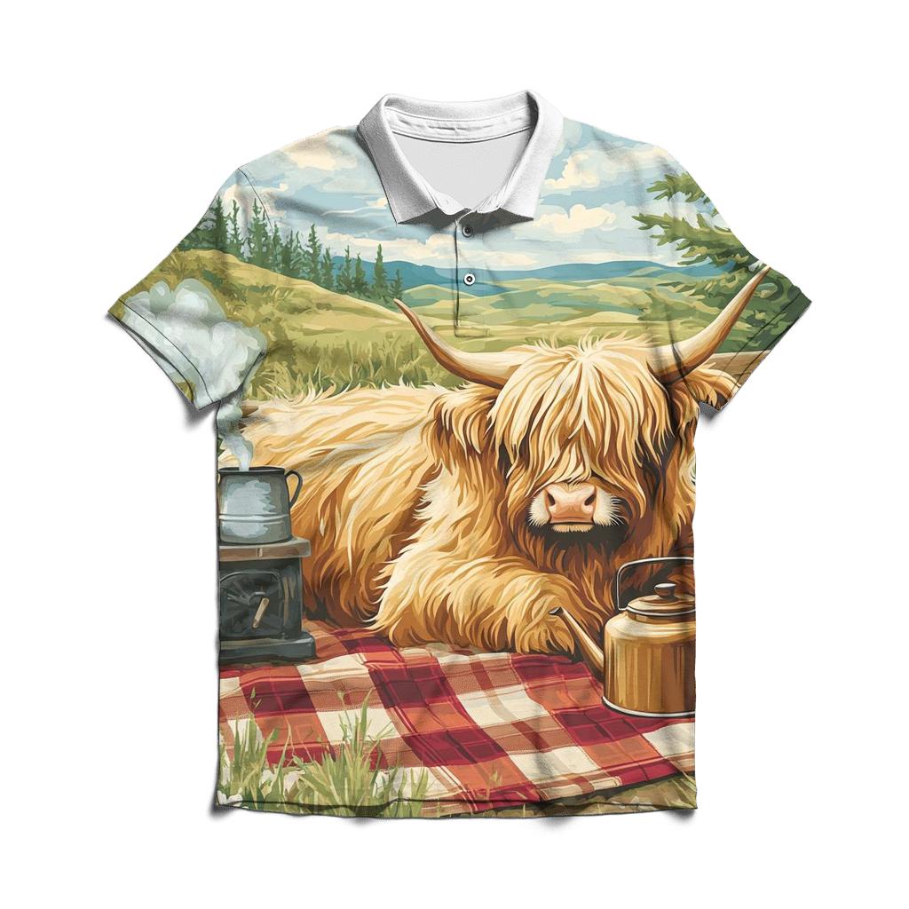 Tea Picnic With Highland Cow Companion casual sports polo shirts