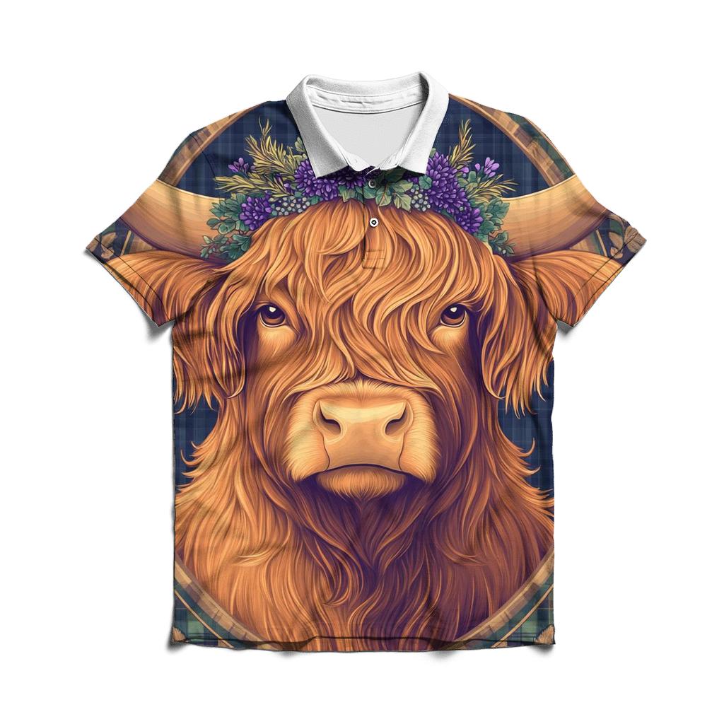 Thistle Crowned Highland Cow Portrait classic pique polos
