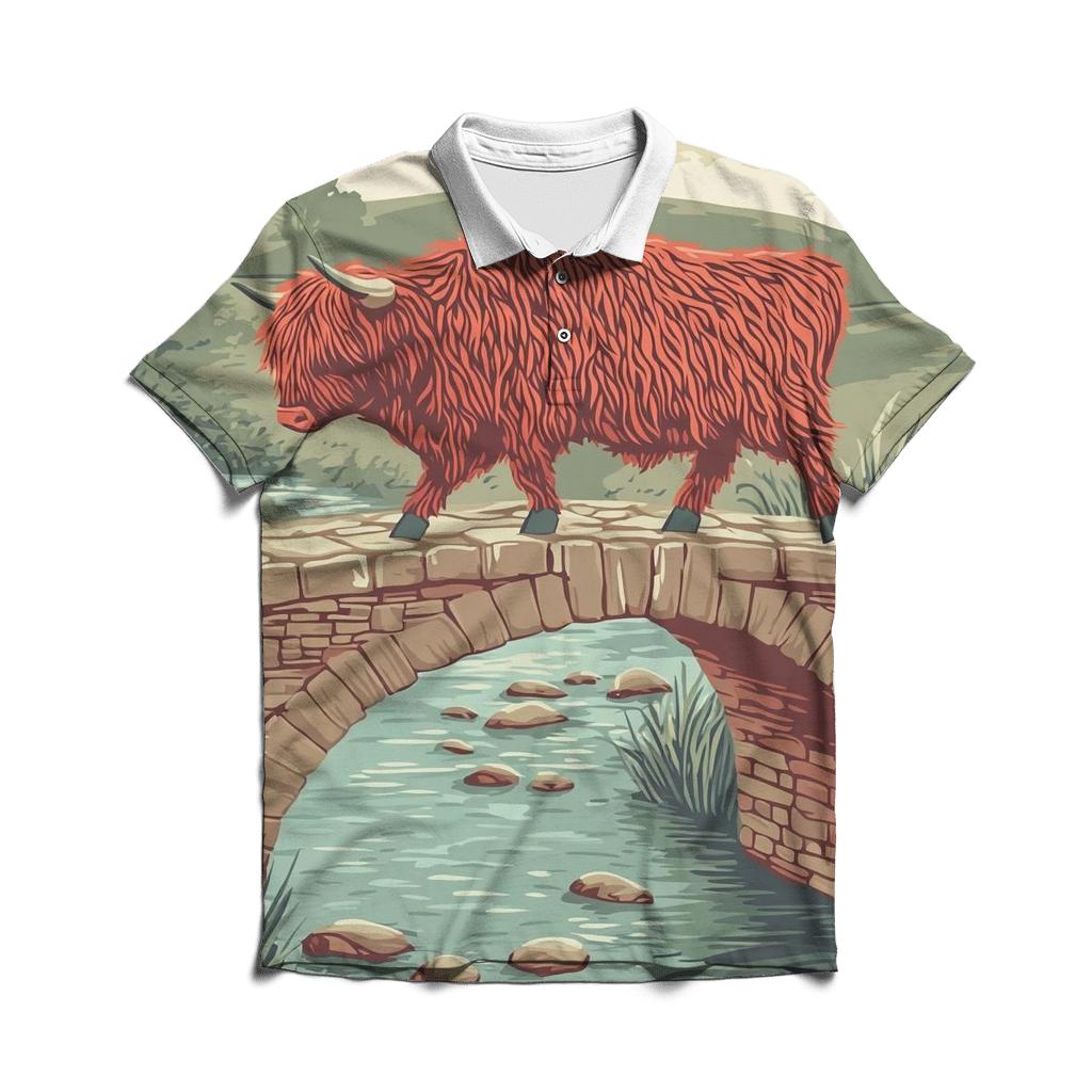 Stone Bridge Crossing Highland Cow designer slim fit polos