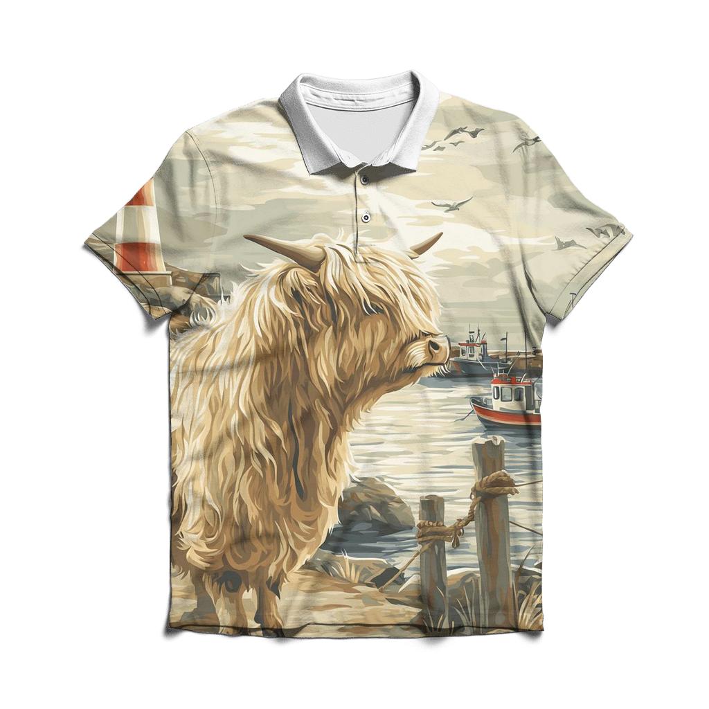 Harbor Fog Highland Cow Watcher personalized polo shirts