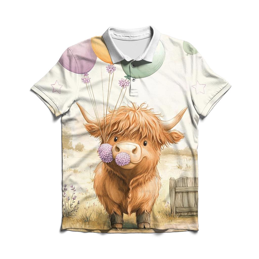 Highland Cow With Heather Balloon Bundle designer slim fit polos